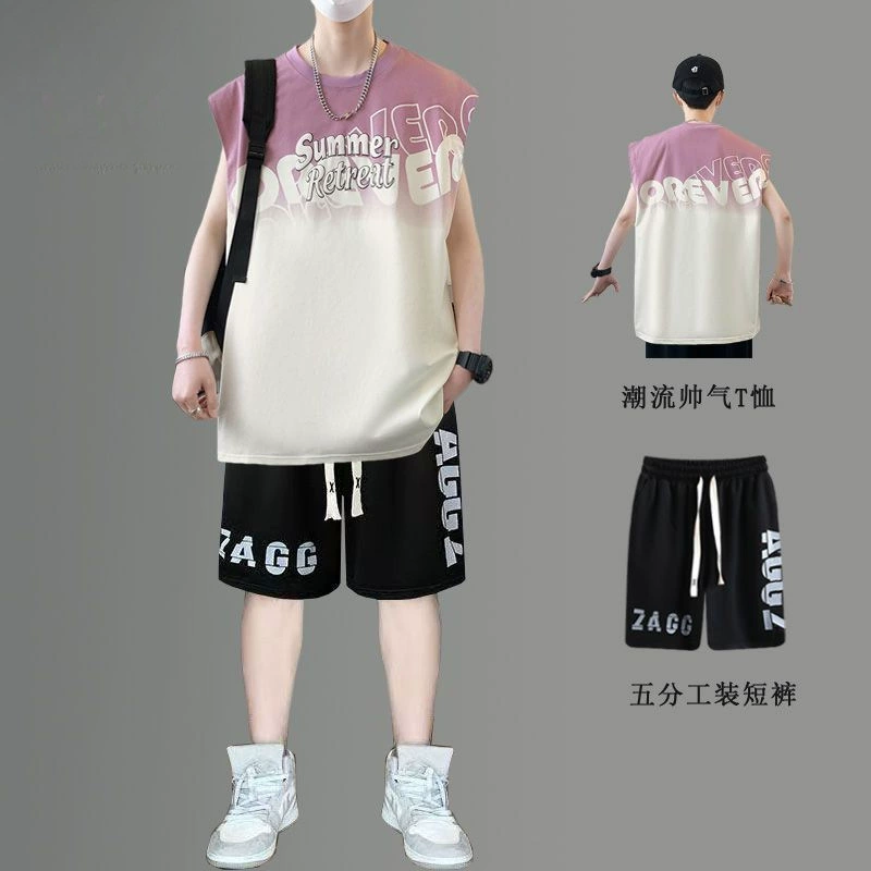 2025 новая летняя безрукавка мужская молодежная майка жилет для школьников модный стильный комплект