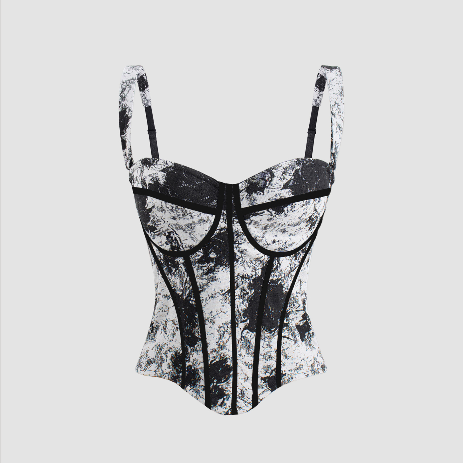 路秋国宫廷复古上衣女法式时髦束腰鱼骨抹胸背心女无袖提花DB1942