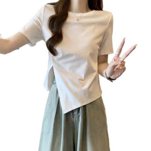 夏季正肩设计感小众抽绳修身短袖女T恤纯欲风辣妹上衣不规则下摆