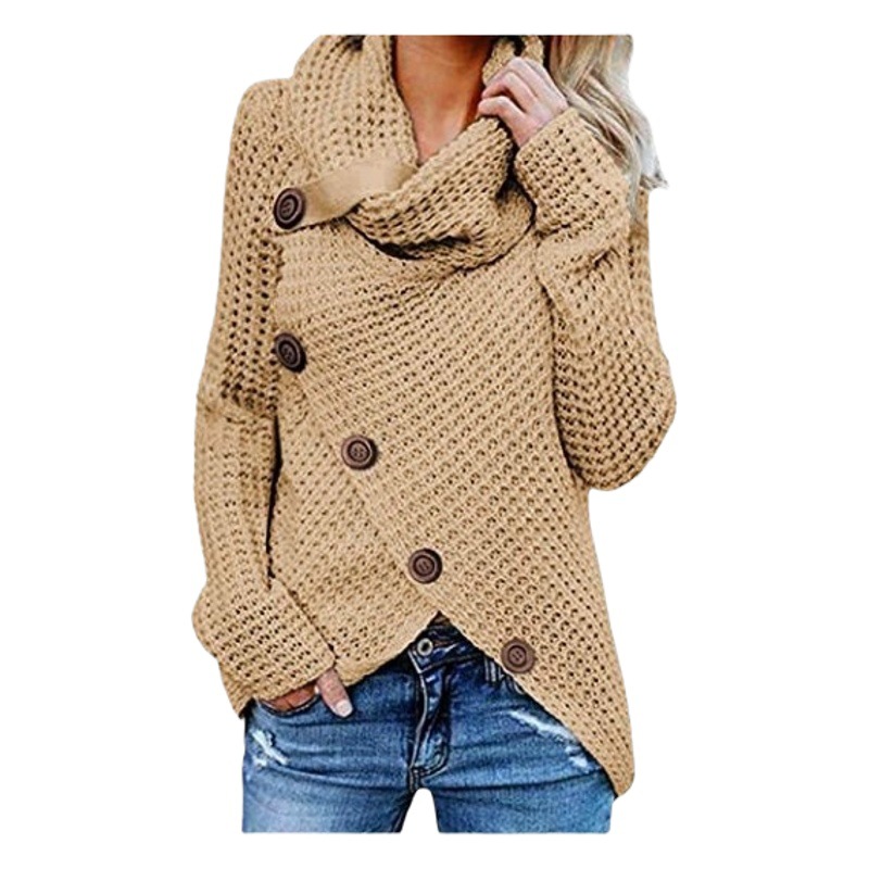 Suéter de Punto Otoño/Invierno 2026, Cárdigan de Cuello Alto con Botones Decorativos, Color Sólido, Estilo Irregular, Ropa de Mujer, Amazon AliExpress