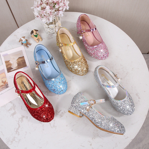Girls' High Heels, Versatile New Girls' Shoes, Fashion Show Host Shoes, Children's Silver Crystal Princess Shoes