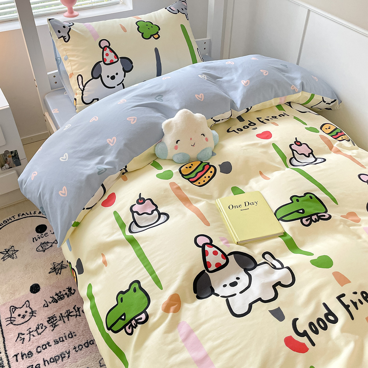 Juego de cama de dormitorio de estudiantes universitarios de tres piezas sábanas de algodón de algodón, funda de edredón, funda de edredón, juego de ropa de cama de seis piezas