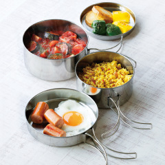 Outdoor Camping Tableware Stainless Steel Hiking 4-Piece Set Meal Box with Foldable Handle and Storage Bag for 1-2 People, Pot