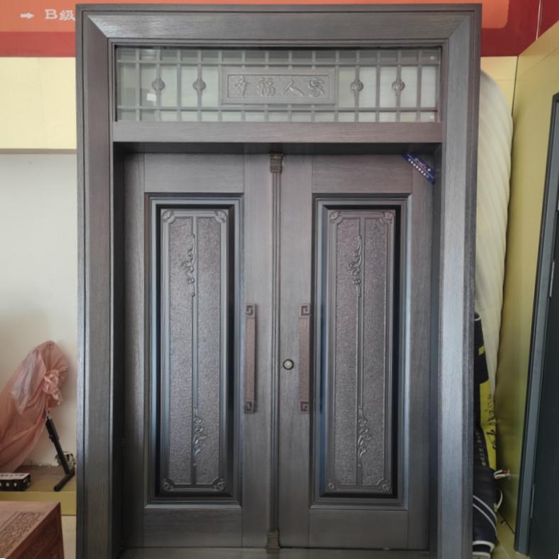 Double-Door Entrance Door Made of Zinc Alloy with Peppa Pig Pattern, Windowed, with Wall-Mounted Anti-Theft Door, New Chinese Style