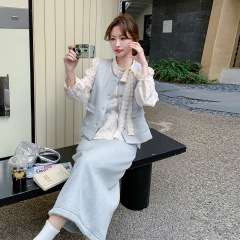 实拍年秋季蕾丝花边蓝色马甲半身裙套装女三件套小香风减龄甜美