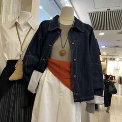 日系水洗翻领牛仔短外套春秋新款宽松A字斗篷廓形长袖休闲上衣女