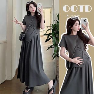 Maternity Wear, Summer and Korean Style Fashionable Loose Belly-Covering Short-Sleeved Tops, Casual Outer Wear, Belly-Supporting Skirts, a Complete Set for Hot Moms