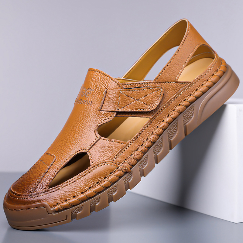 Zapatos de verano para hombres con suela suave transpirables zapatos casuales con un pie de calzado, sandalias de cuero vacías cosidas a mano