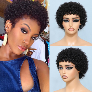 European and American African short pixie curly wig short curly hair real human hair head cover Xuchang wig wool roll
