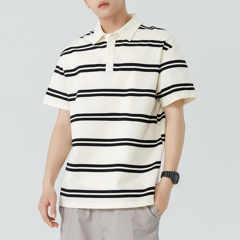 Striped Polo Shirt Short-Sleeved Men's Lapel T-Shirt Black Brown Ready-Made Korean Style Long-Sleeved Loose Thin Silk