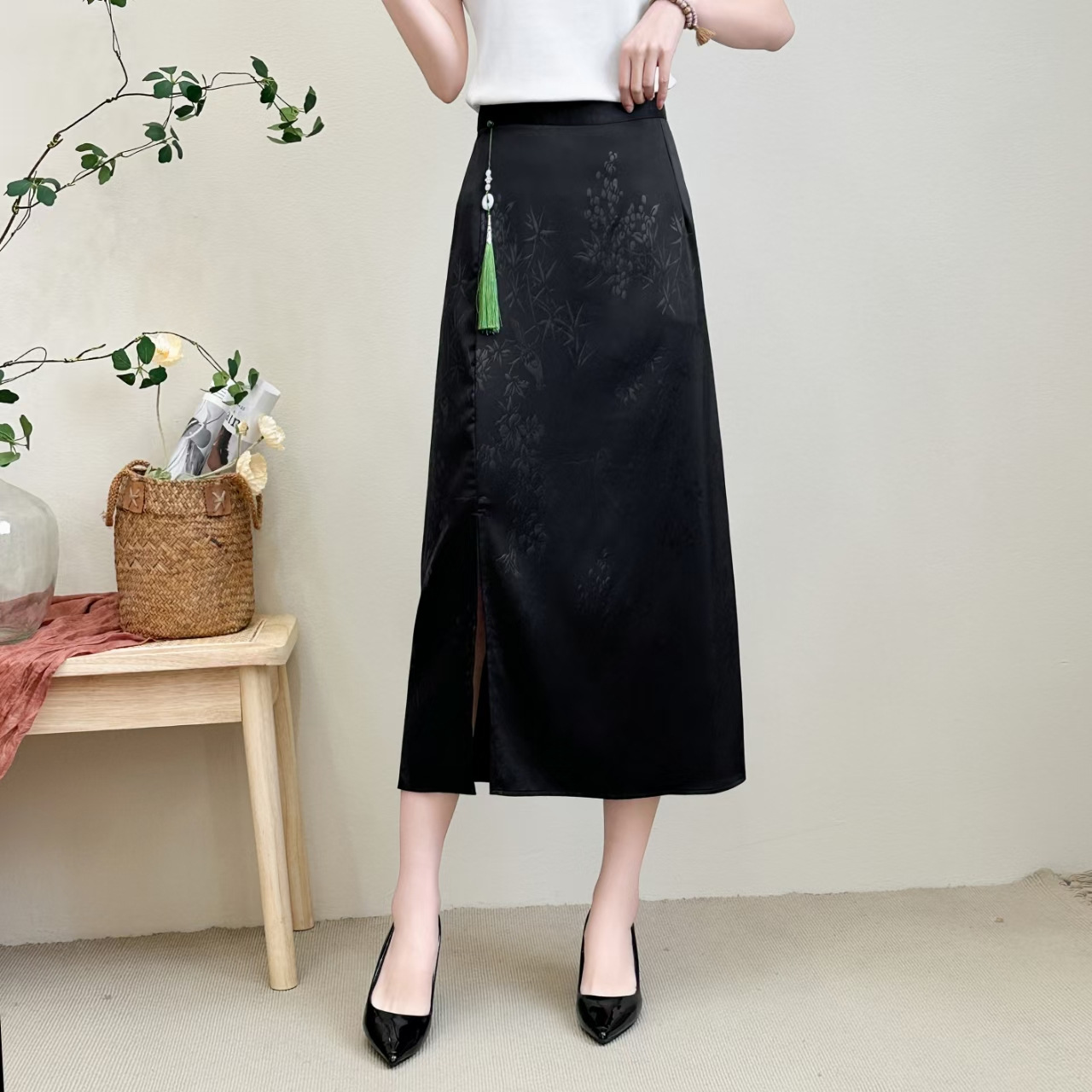 Light Chinese Style Mother's Dress, Fashionable and Versatile Elastic Waist Skirt, Fashionable and Elegant Slit Mid-Length Skirt, New Chinese Style Skirt