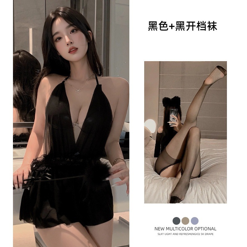 검은색 잠옷 + 속옷 + 검은색 오픈 양말