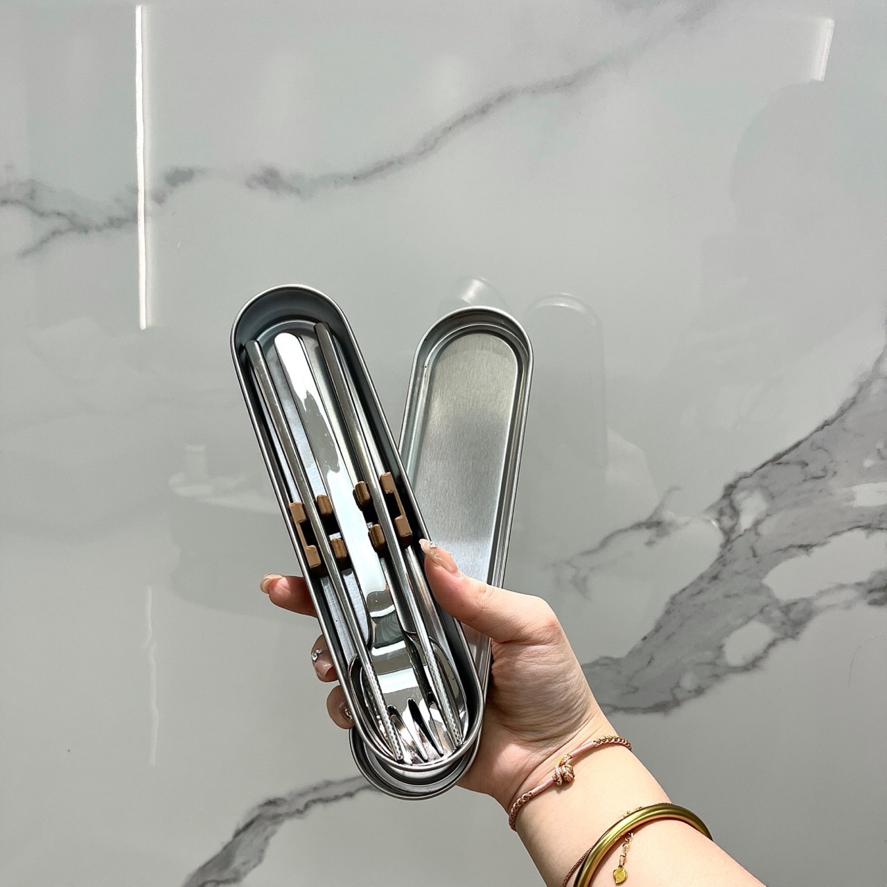 웨야 스틸 박스 스푼, 포크, 젓가락 3종 세트