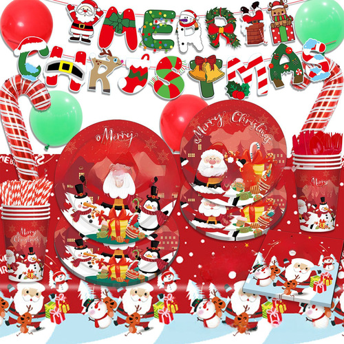 Cross-border red cartoon Santa theme holiday party decoration paper plates, cups, tablecloths, spoons, forks, tableware set