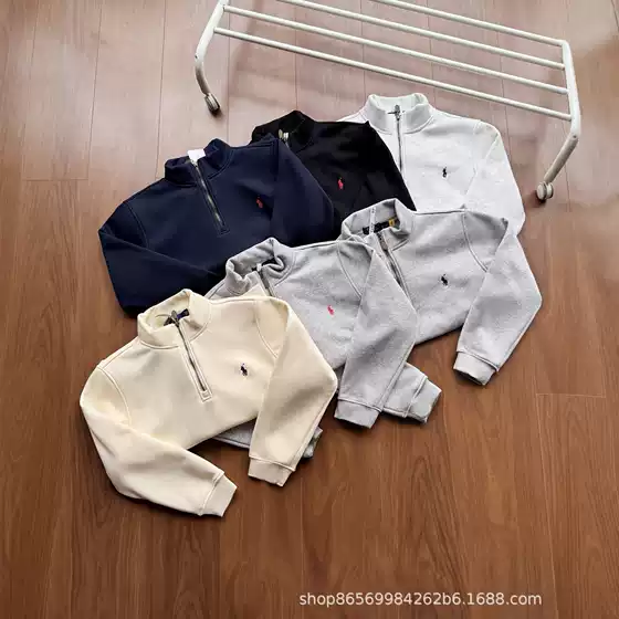 RL Ralph Classic Embroidery Pony Logo Half Zipper High Collar Long Sleeve Knitted Velvet Hoodie Couple's Versatile Style