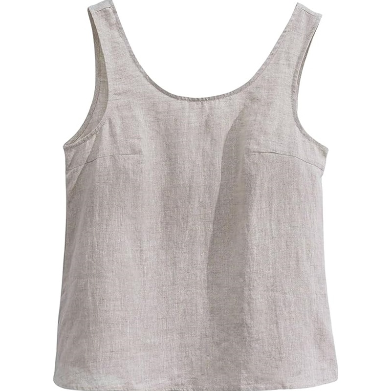 Women's Linen Vest Casual Summer Sleeveless Low round Neck Top_ecoleips.com