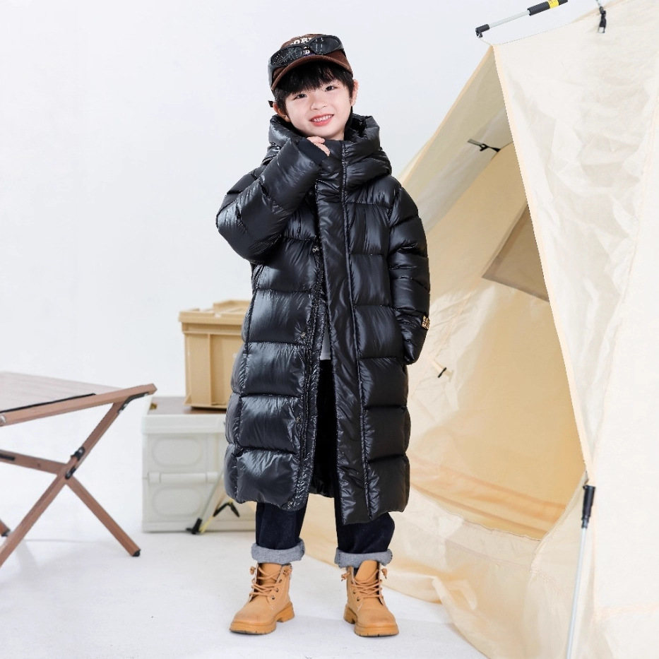 New cross-border winter children's down jacket, hooded, long, over-the-knee, stylish, thick coat for girls and boys.