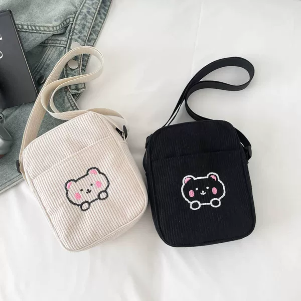 New Cute Girly Forest-Style Small Cloth Bag, Popular Small Crossbody Bag, Corduroy Cartoon Small Square Bag, Korean-Style Ins Crossbody Bag