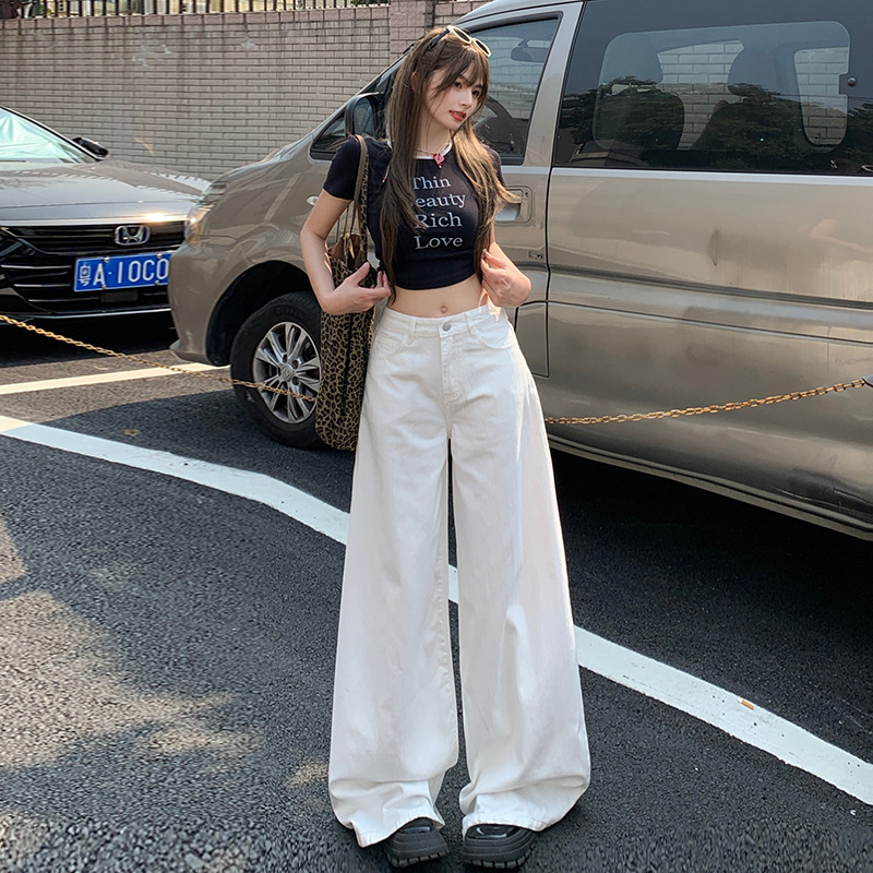 垂感白色阔腿牛仔裤女2025夏季新款高腰宽松显瘦直筒拖地裤子|undefined