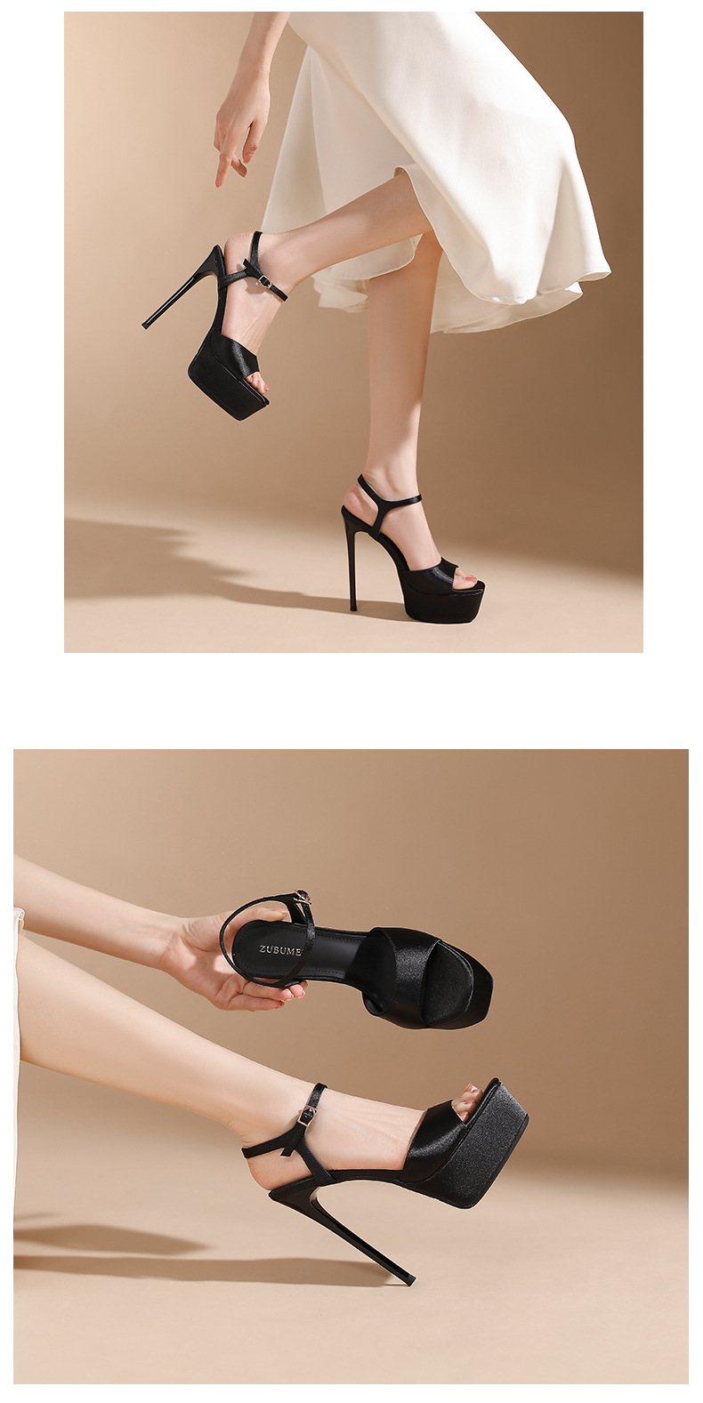 Giày sandal cao gót nữ hở mũi mũi vuông đế chống thấm nước — Màu sâm panh chi tiết 7