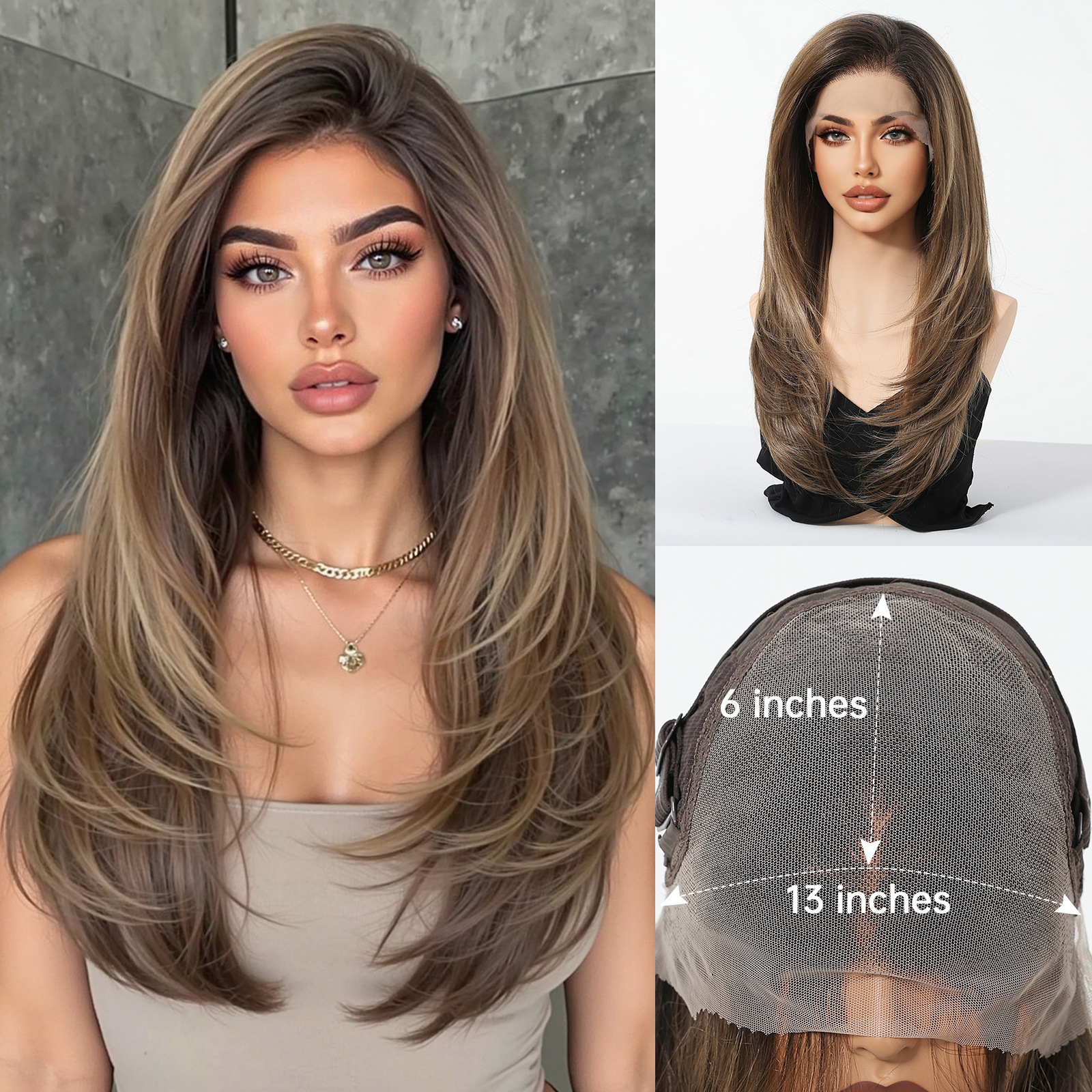 Peruca 13 * 6 gran área de encaje cubierta de cabeza marrón oscuro cabello largo medio cualquier costura exclusiva a través de la frontera