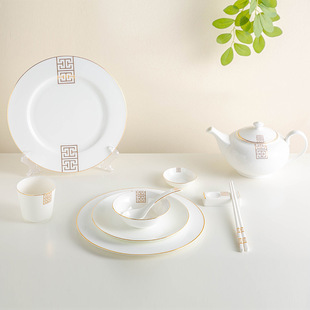 Free Combination of Gold-rimmed Bone China Tableware, Hotel Restaurant Bowls, Plates and Spoons with logo