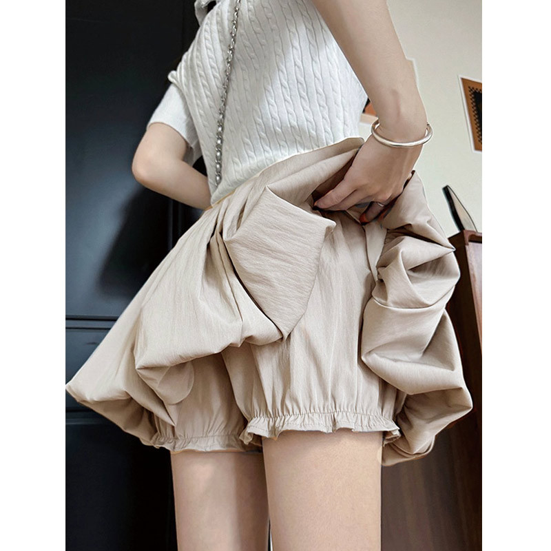 Beige Floral Short Skirt Summer Anti-Exposure Pumpkin Puffy A-Line Skirt High-Waisted Slimming Petite Skirt Pants