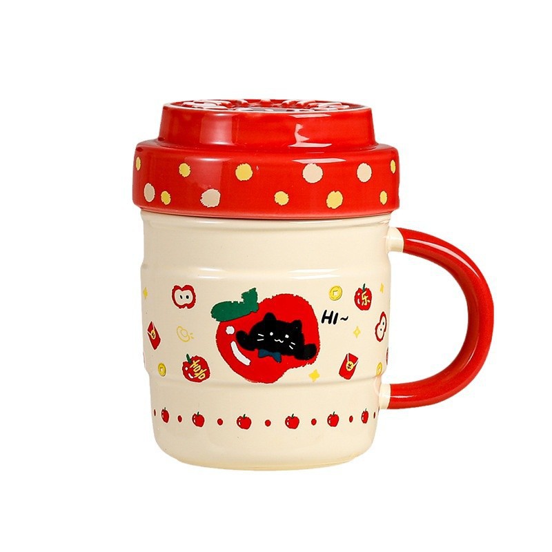 Cute con tapa manzana gatos tazas de cerámica creativas de gran capacidad de oficina pareja tazas de regalo de cumpleaños para hombres y mujeres