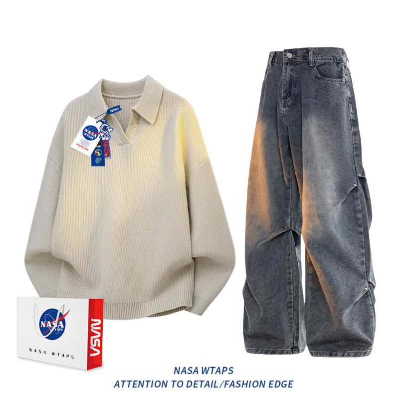 NASA ABOUT美式潮牌休闲运动套装男秋季新款宽松针织衫复古潮毛衣|undefined