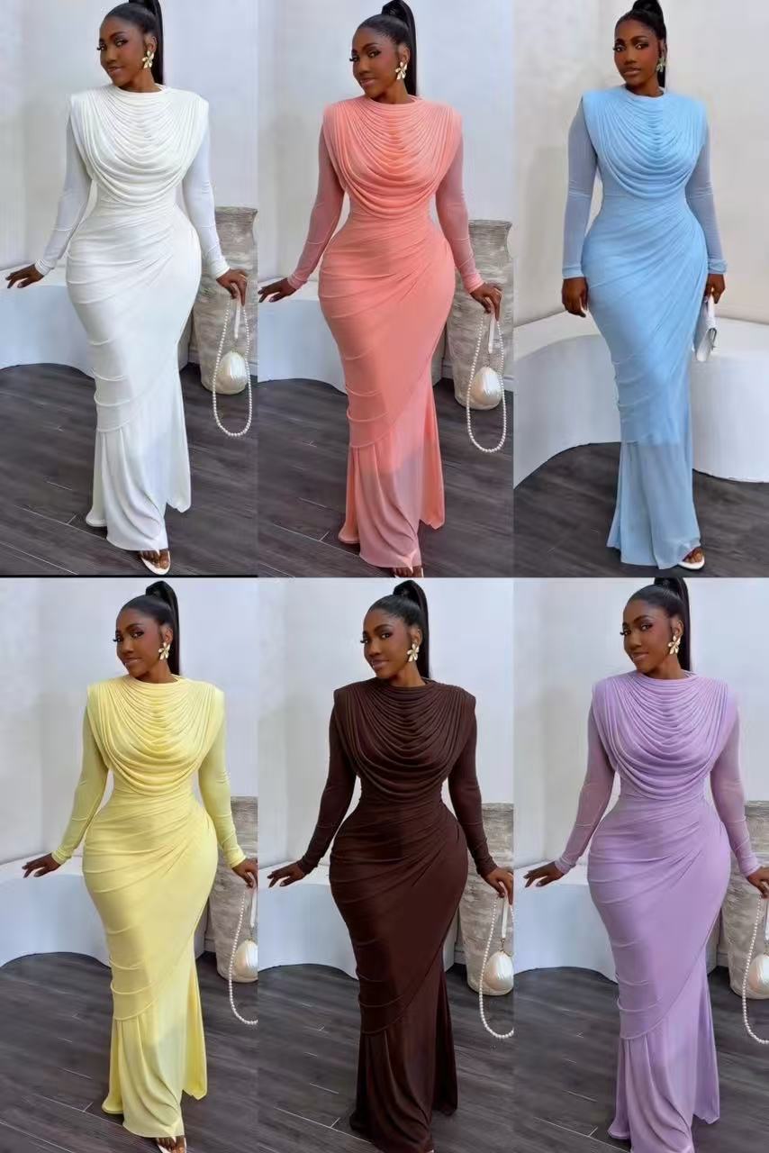 Elegant Mesh Draped Bodycon Midi Dress For Parties & Evening Events | Flattering High-Waist Design With Long Sleeves | Women's Fashion Cocktail Dress_ecoleips.com