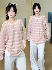 韩系粉色条纹长袖t恤女2025新款秋季宽松简约慵懒松弛感穿搭上衣