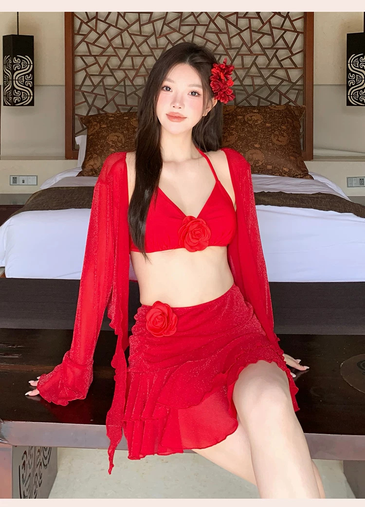 Plus-size Red Four-piece Bikini Set With Long Sleeve Sun Protection_voghion.com