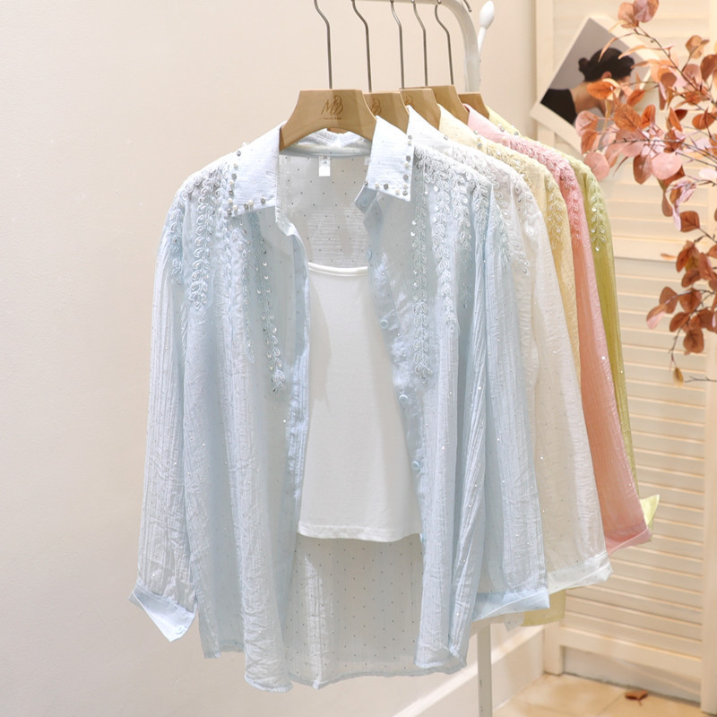 European-Style Heavy-Duty Rhinestone Sun-Protection Shirt for Women, 2026 New Model, Turn-Down Collar, Lightweight Cardigan, Slimming Tencel Shirt Top European-Style Heavy-Duty Rhinestone Sun-Protection Shirt for Women, 2026 New Model, Turn-Down Collar, Lightweight Cardigan, Slimming Tencel Shirt Top