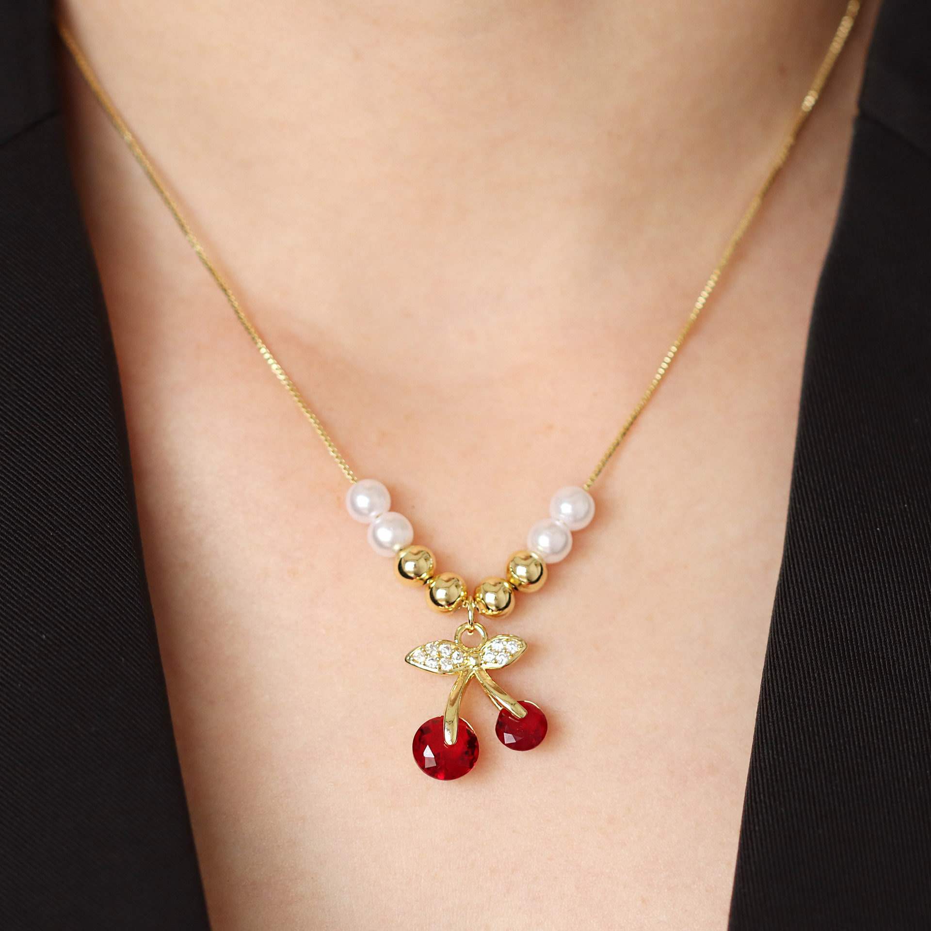 16g Weight Zircon Inlay Material Jewelry Set Classification box chain Chain Type 1 Set Quantity Holiday Occasion Copper Material Cherry Pattern All Seasons Season Women's Gender Inlay Design Vacation, Simple Style Style Wholesale Jewelry Vacation Simple Style Cherry Copper Zircon Inlay Jewelry Set Box Chain 1