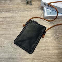 手作り本革携帯電話バッグ、ソフトトップレイヤー牛革縦型小銭入れ、シンプル、軽量、実用的なカジュアルクロスボディバッグ