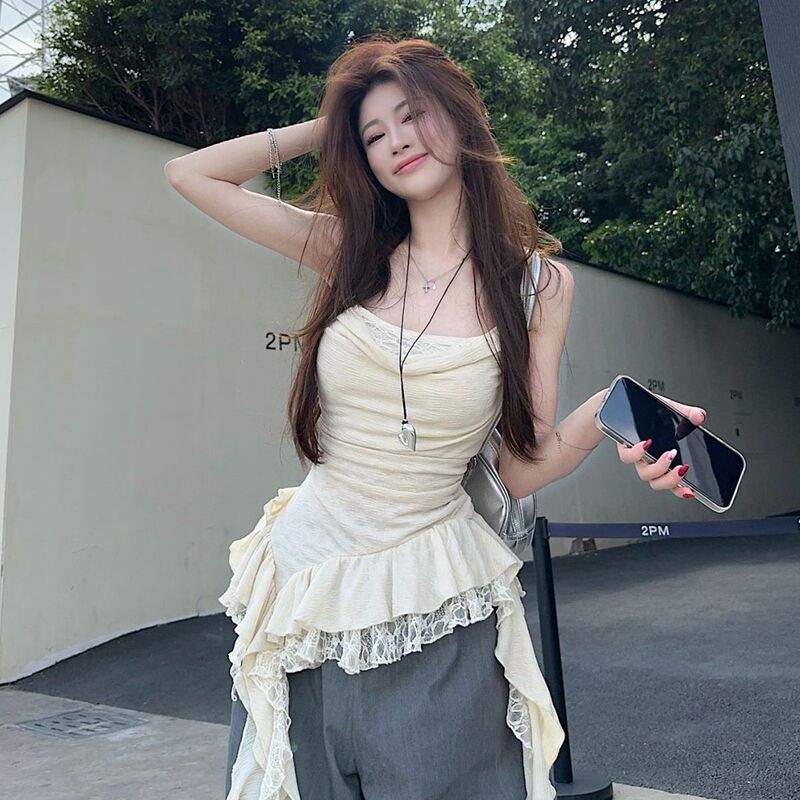 Gentle Sweet Girl Style Design Lace Splicing Ruffled Ribbon Camisole Women's Summer Slimming Top