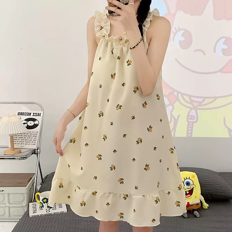 Summer pijama, skirt, cute top with cups, cotton long thin strawberry, lifting effect, mid-length