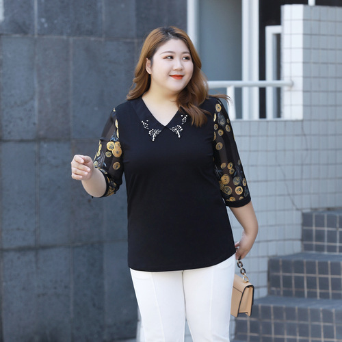 Plus size chiffon shirt for women with fat mm temperament floral doll collar slim top autumn thin three-quarter sleeve western style shirt