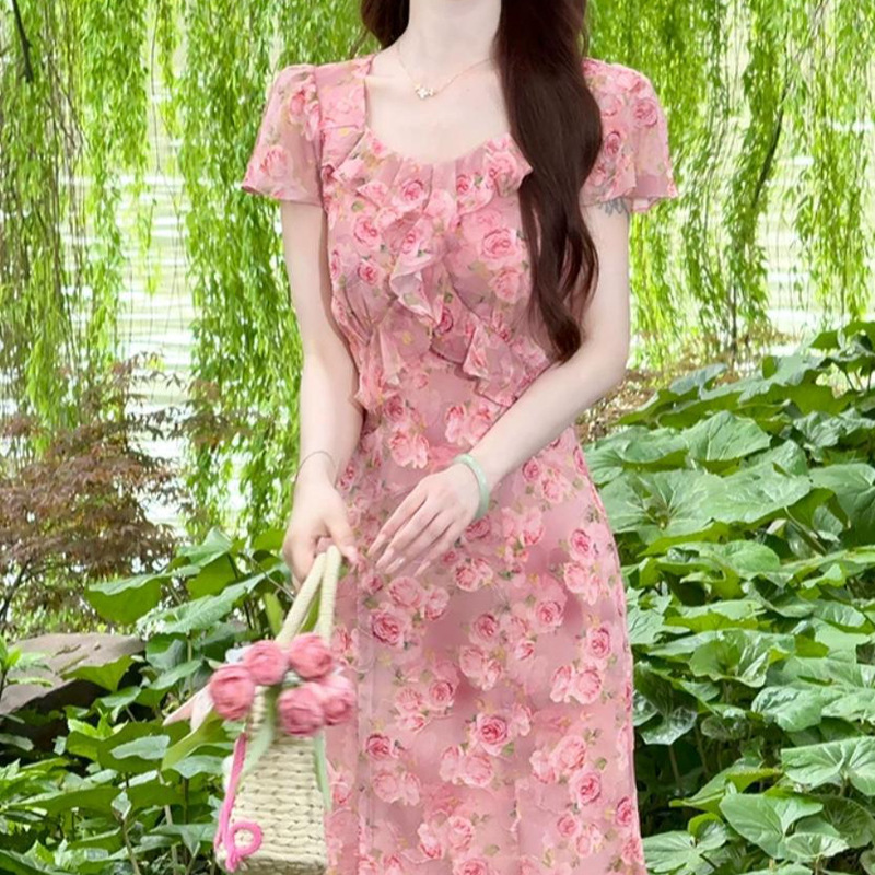 LiLi LiLi's Home【Rose Whispers】French Romantic Vacation Style Ruffle Dress Pink Mermaid Long Dress