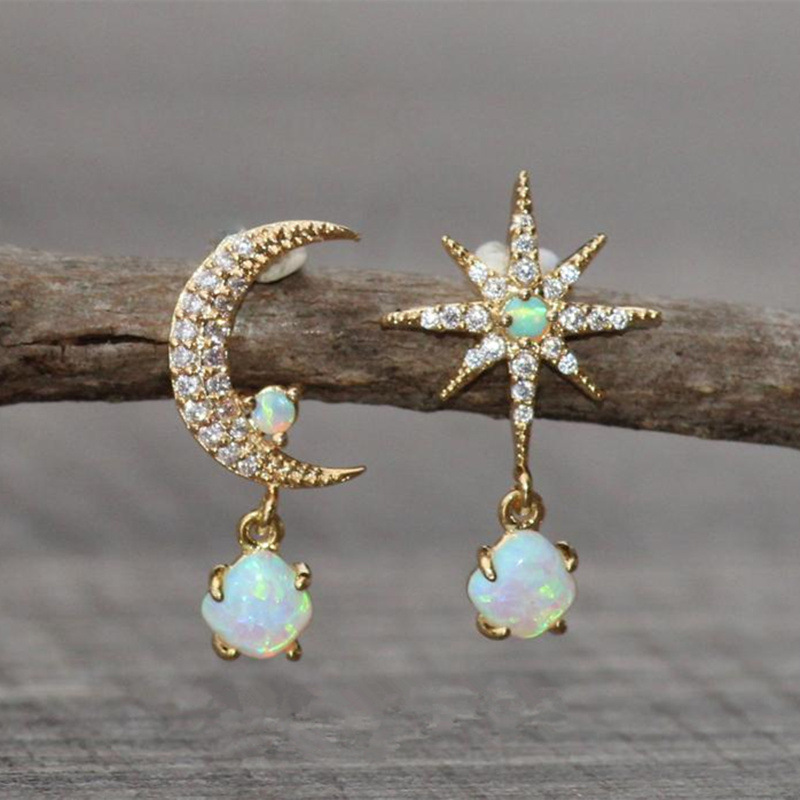 1 Pair Fashion Star Moon Alloy Asymmetrical Plating Inlay Opal Zircon Women's Drop Earrings display picture 1