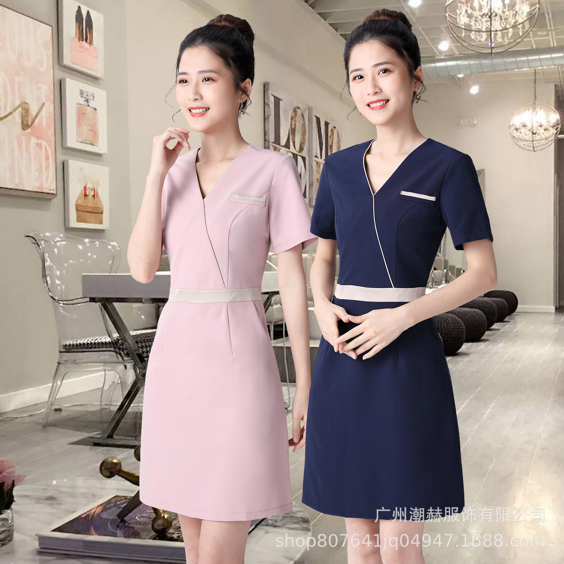 新款美容师黑色服装养生会所夏季工作服修身显瘦连衣裙美甲师工衣