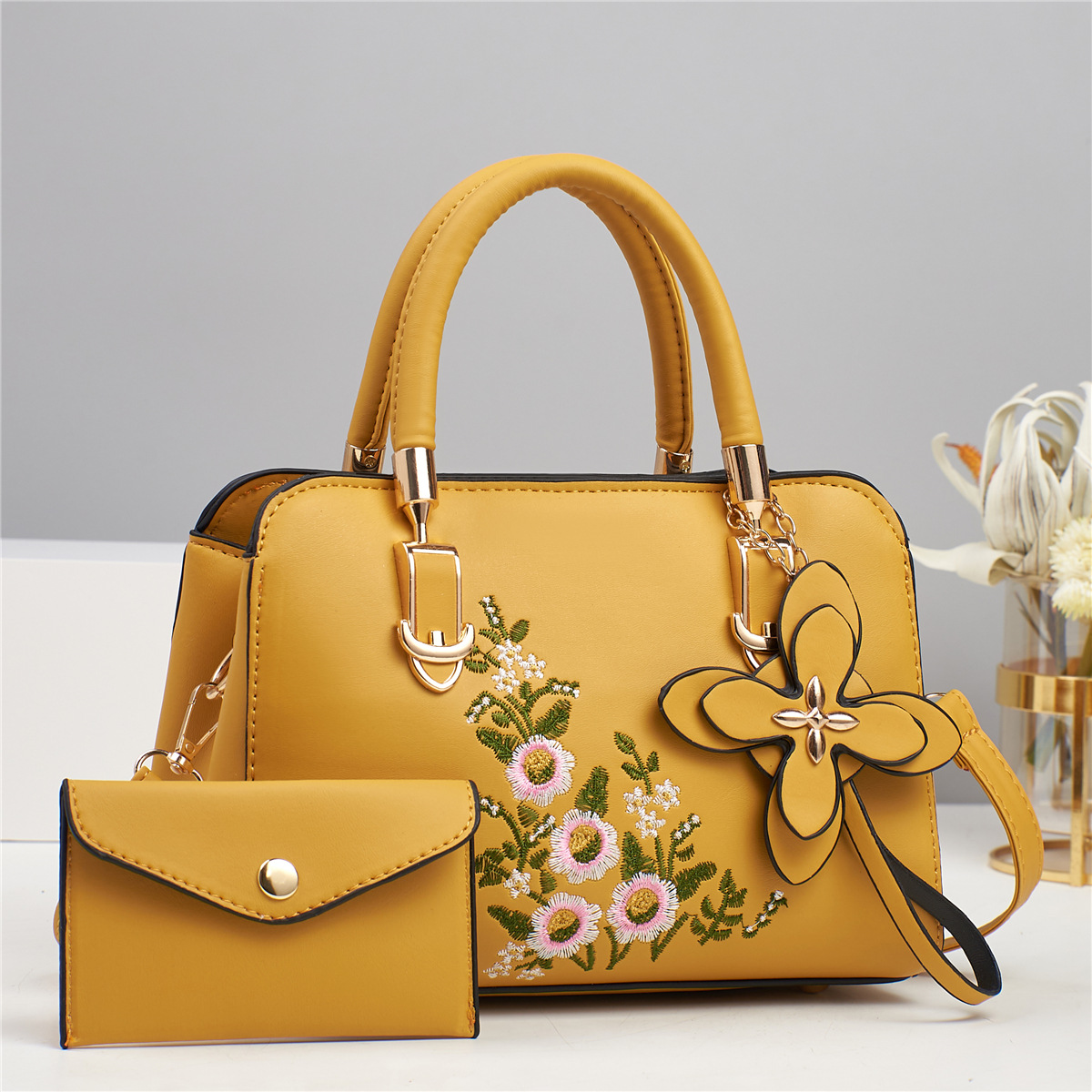Pu Leather Material Women's Medium Pu Leather Flower Elegant Sewing Thread Square Zipper Bag Sets