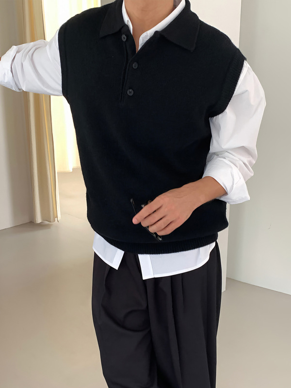 黑色polo领无袖针织马甲男美式复古高级感商务休闲坎肩毛衣背心潮|undefined
