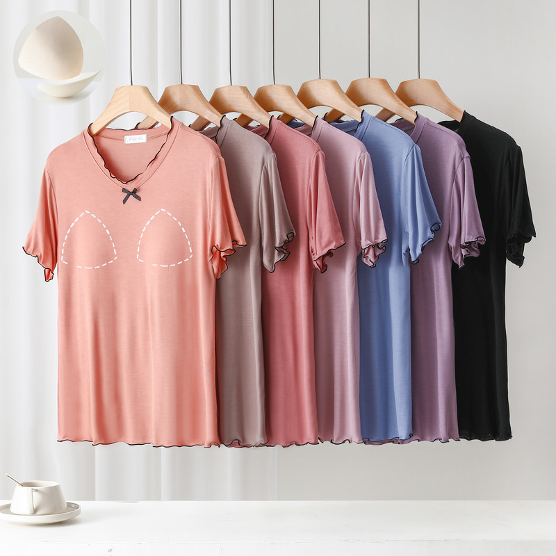 Women's short-sleeved pajamas with chest pad summer new homewear thin T-shirt with chest pad wooden ear top