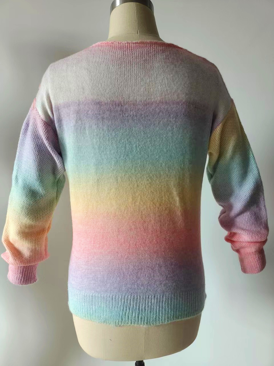 Sweater for women 2024 new irregular gradient rainbow V-neck mohair knit sweater_voghion.com