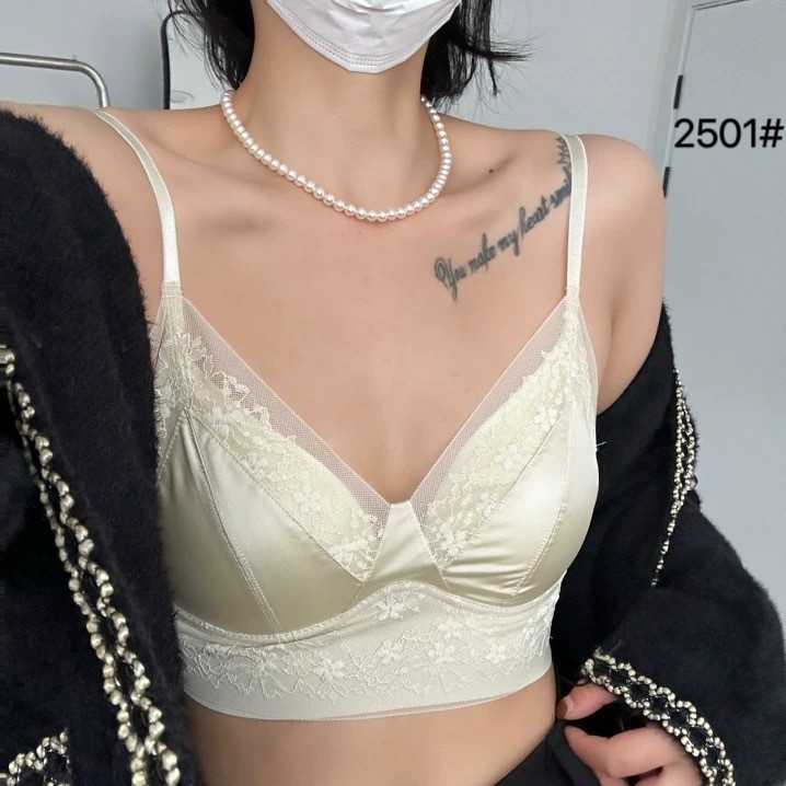 2501 New Sexy Satin Mesh Vest Thin Women's Wireless Integrated Fixed Cup Deep V Strap Beauty Back Top