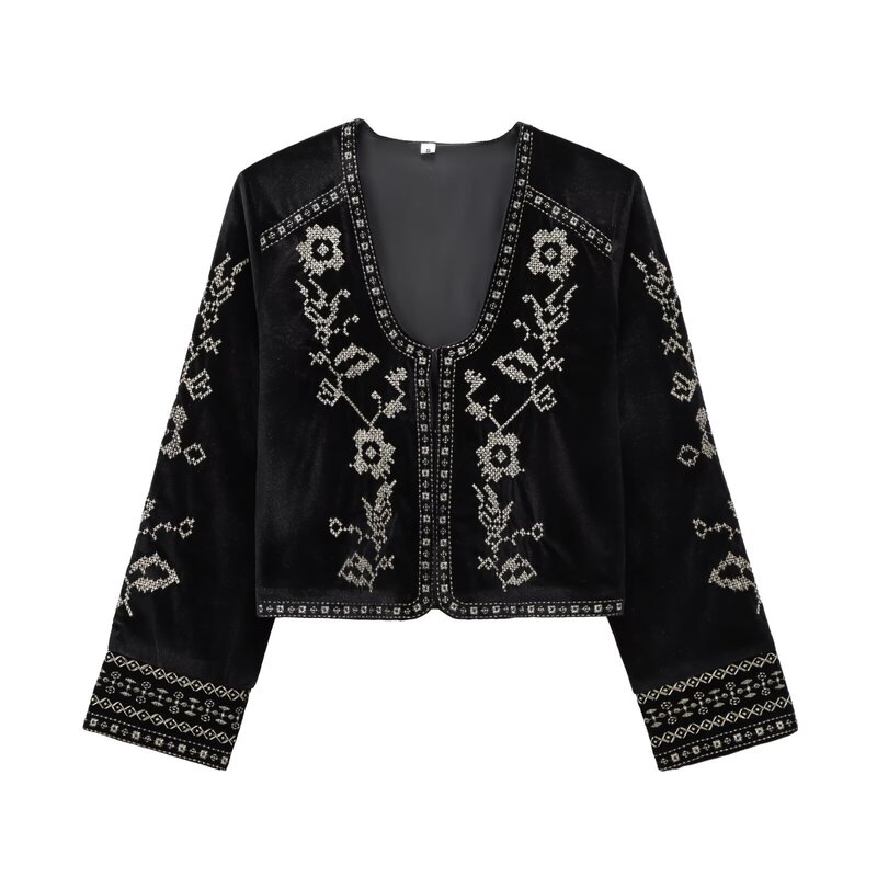 ZA cross-border women's clothing wholesale European and American style spring new U-neck embroidery velvet long sleeve jacket coat 5107254