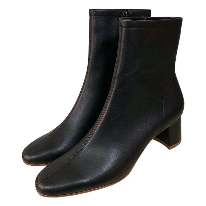 小衆純原by far本革ショートブーツ女性側ファスナー四角い中ヒールブーツフレンチレトロ痩せブーツ
