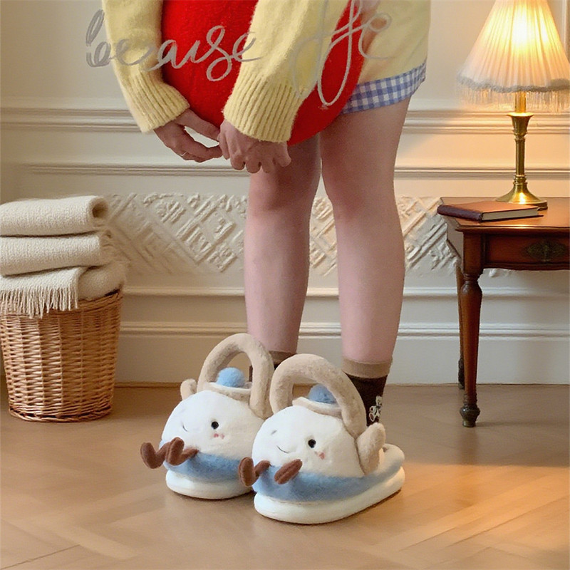 New Cute and Creative Water Kettle Cotton Slippers for Women, Warm, Comfortable and Fashionable Home Winter Girly Heart Plush Confinement Shoes
