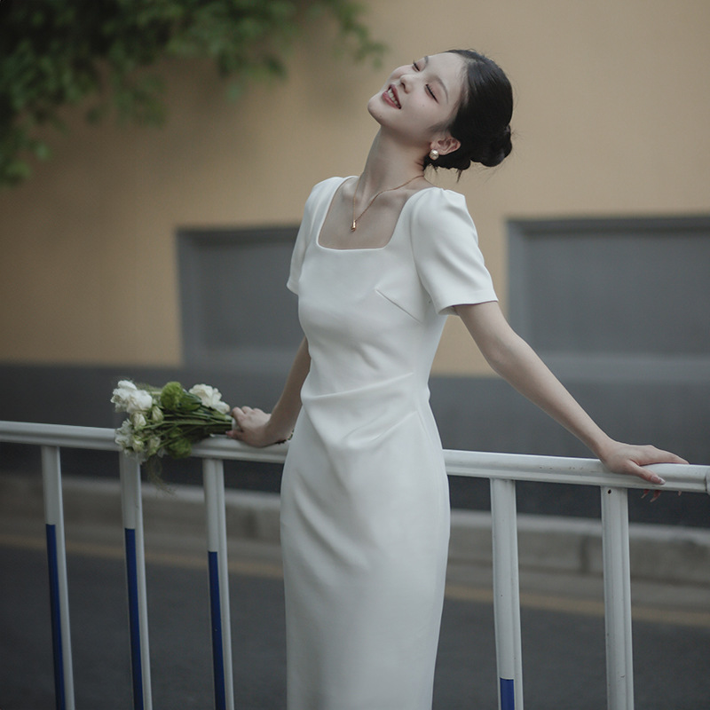 White French Mini Dress with Square Collar, Short Sleeves, Slim Fit, Slightly Stretchy, Long Certificate, Engagement Evening Dress